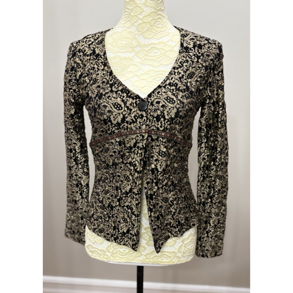 Vintage y2k 2000s‎ Large Whimsigoth Gold Black Embroidered Cardigan One Button - Picture 1 of 8